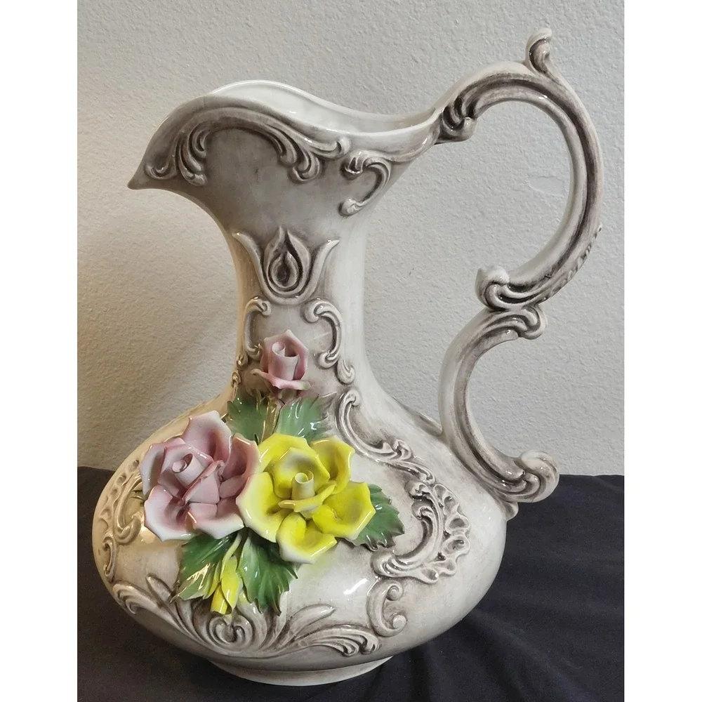 Vintage Capodimonte Italy Porcelain Floral Pitcher Vase Crowned N Rose Large 14